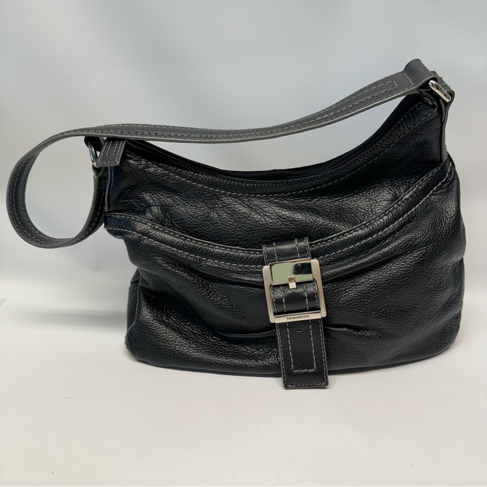 TIGNANELLO Black Pebbled Leather Shoulder Bag Buckle Detail Stitching EUC